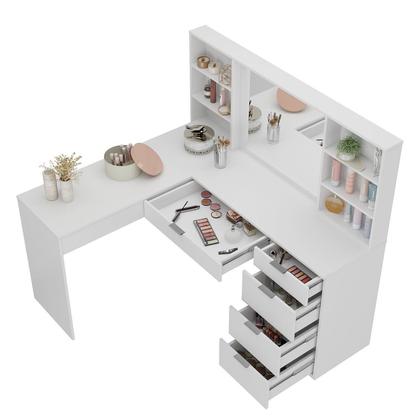 Imagem de Penteadeira Escrivaninha em L com Espelho Led 5 Gavetas 6 Nichos