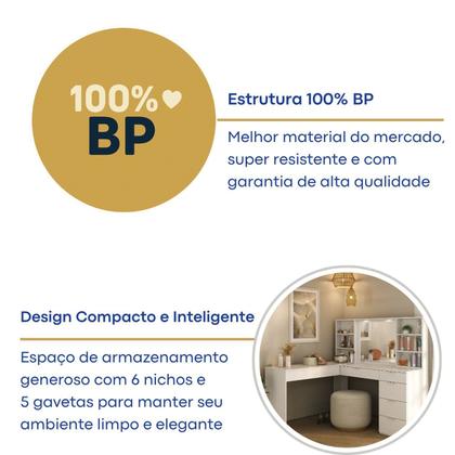 Imagem de Penteadeira Escrivaninha em L com Espelho Led 5 Gavetas 6 Nichos