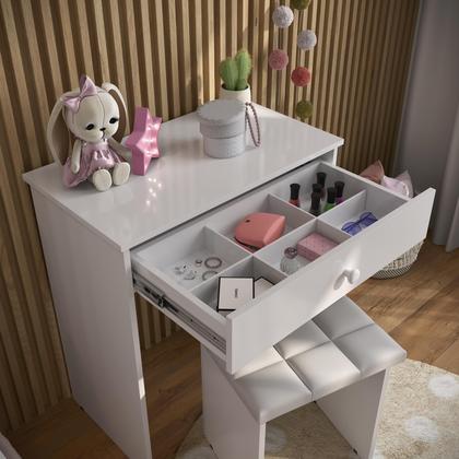 Imagem de Penteadeira Escrivaninha Mesa Camarim Com Espelho e Gaveta e  Banqueta Branca