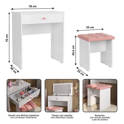 Imagem de Penteadeira Escrivaninha Mesa Camarim Com Espelho e Gaveta e  Banqueta Branca