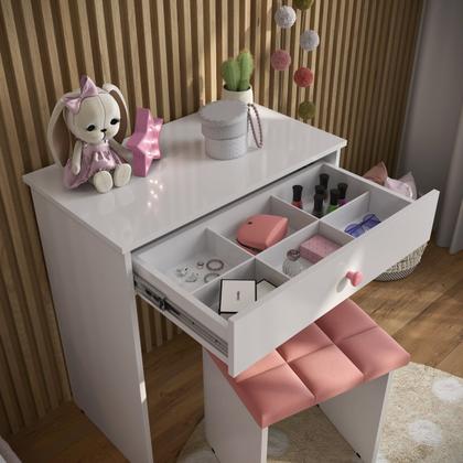 Imagem de Penteadeira Escrivaninha Mesa Camarim Com Espelho e Gaveta e  Banqueta Branca