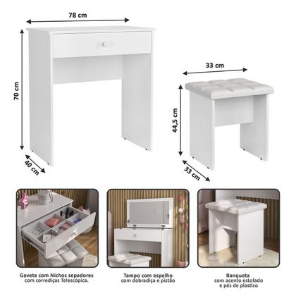 Imagem de Penteadeira Escrivaninha Mesa Camarim Com Espelho e Gaveta e  Banqueta Branca