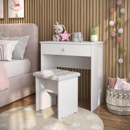 Imagem de Penteadeira Escrivaninha Mesa Camarim Com Espelho e Gaveta e  Banqueta Branca