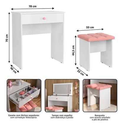 Imagem de Penteadeira Escrivaninha Mesa Camarim Com Espelho e Gaveta e Banqueta Rosa Pek Móveis