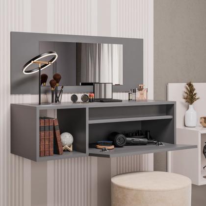 Imagem de Penteadeira Mesa de Maquiagem Eva Suspensa 01 Porta com Espelho Grafite - Desk Design