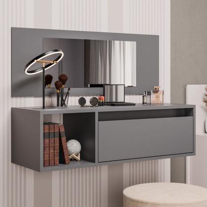 Imagem de Penteadeira Mesa de Maquiagem Eva Suspensa 01 Porta com Espelho Grafite - Desk Design