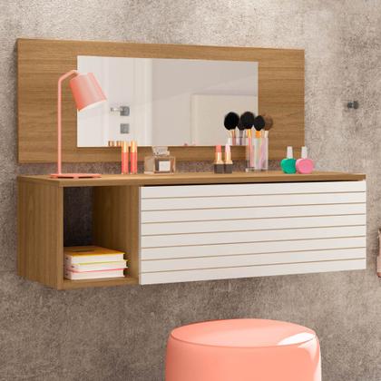 Imagem de Penteadeira Mesa de Maquiagem Joy Suspensa 01 Gaveta com Espelho Nature Branco - Desk Design