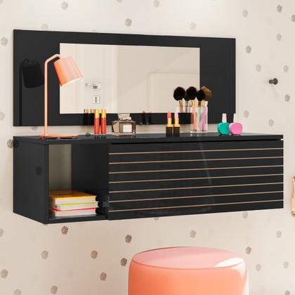 Imagem de Penteadeira Mesa de Maquiagem Joy Suspensa 01 Gaveta com Espelho Preto - Abmaza