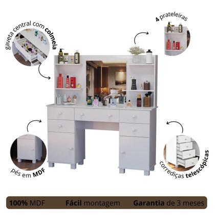 Imagem de Penteadeira Oásis com Colmeia 5 Gavetas 2 Portas E Nichos Organizadores Com Espelho