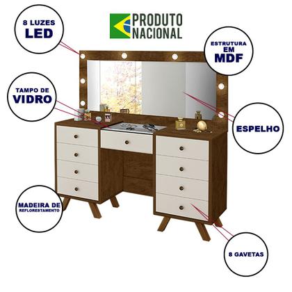 Imagem de Penteadeira Premium Camarim Grande Mila com 8 Gavetas e Luzes Led com Espelho Off White