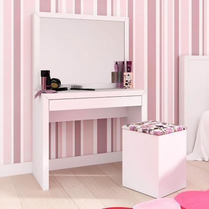 Imagem de Penteadeira Quarto com Espelho 1 Gaveta e Puff Baú MDP Branca Tecnomobili