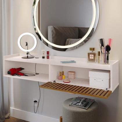 Imagem de Penteadeira Suspensa Camarim Decor Porta Maquiagem Nicho Multifuncional Quarto Pequeno Retrô - Off White/Ripado - RPM