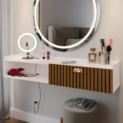 Imagem de Penteadeira Suspensa Camarim Decor Porta Maquiagem Nicho Multifuncional Quarto Pequeno Retrô - Off White/Ripado - RPM