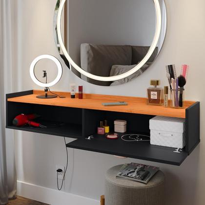 Imagem de Penteadeira Suspensa Classic 90 cm Porta Joia Mesa Maquiagem Camarim Quarto Pequeno - Preto/Cinamomo- RPM