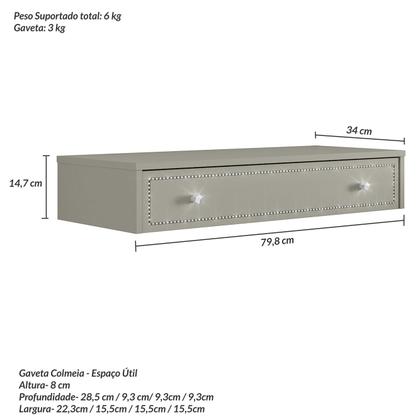 Imagem de Penteadeira Suspensa Strass Gaveta C/ Divisória e Organizador Maquiagem 80cm Off White Ac - Olivar Móveis