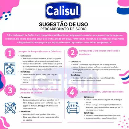 Imagem de Percarbonato de Sódio 100 Puro 1kg ou 500g Calisul Tira Manchas Alvejante Para Roupas e Limpeza
