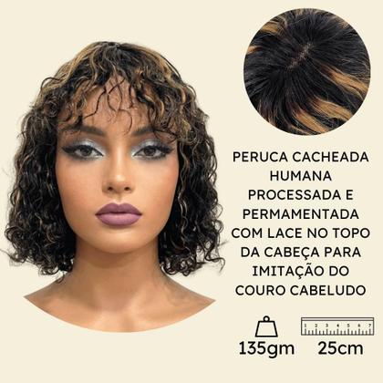 Imagem de Peruca cacheada curta preta humana com franja e luzes lace F2/27