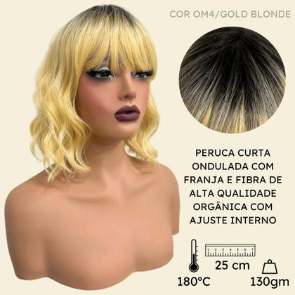 Imagem de Peruca curta c/ franja loira ombre ondulada long bob gold