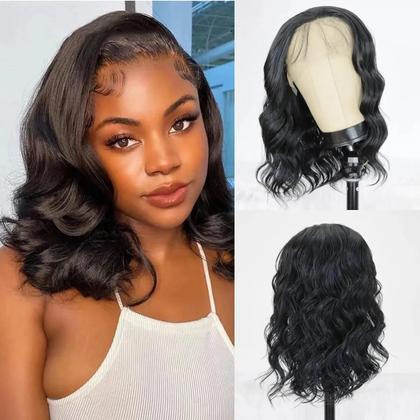 Imagem de Peruca de Cabelo Humano com Lace Frontal - 16 Polegadas, Ondulada, Preta