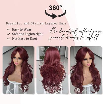 Imagem de Peruca Jolelyne vermelha em camadas ondulada com franja de cortina cor de vinho