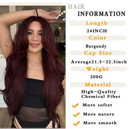 Imagem de Peruca Jolelyne vermelha em camadas ondulada com franja de cortina cor de vinho