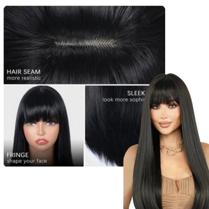 Imagem de Peruca Lisa Com Franja 60cm Orgânica Igual Cabelo Humano Preta