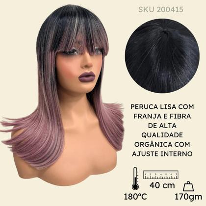 Imagem de Peruca lisa ombre hair preto franja roxo lilás cosplay 40cm