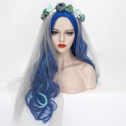 Imagem de Peruca Longa Body Wave Ombre Azul Probeauty - Com Coroa de Flores