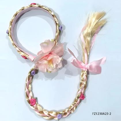 Imagem de Peruca Longa Trançada Da Princesa Rapunzel Para Meninas Com Faixas E Flores Acessórios De Fantasia