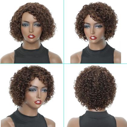 Imagem de Peruca UDU Curta Cacheada com Franja - Cabelo Humano - Marrom Destacado