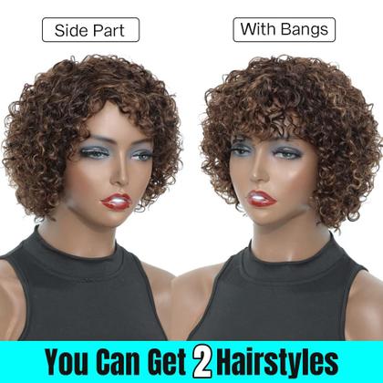 Imagem de Peruca UDU Curta Cacheada com Franja - Cabelo Humano - Marrom Destacado