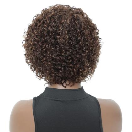 Imagem de Peruca UDU Curta Cacheada com Franja - Cabelo Humano - Marrom Destacado