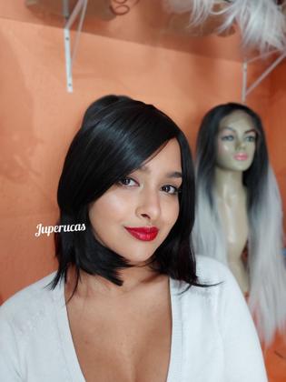 Imagem de Peruca, wig, curta, castanho escuro, lisa, fibra premium, com franja