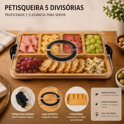 Petisqueira De Madeira 5 Divisórias Retangular Tábua Frios - Casita