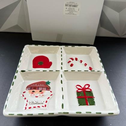 Imagem de Petisqueira de Natal de cerâmica com 4 divisórias para petiscos de cozinha mesa posta decoração vidro porcelana petisco