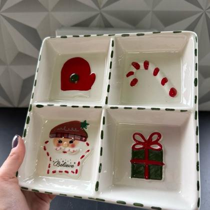 Imagem de Petisqueira de Natal de cerâmica com 4 divisórias para petiscos de cozinha mesa posta decoração vidro porcelana petisco