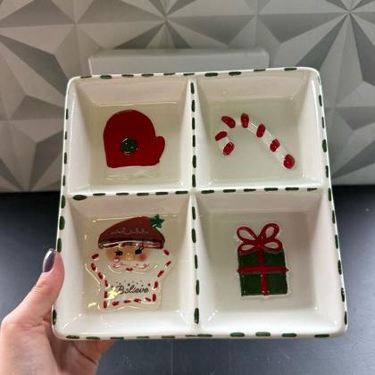Imagem de Petisqueira de Natal de cerâmica com 4 divisórias para petiscos de cozinha mesa posta decoração vidro porcelana petisco