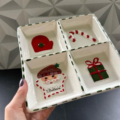 Imagem de Petisqueira de Natal de cerâmica com 4 divisórias para petiscos de cozinha mesa posta decoração vidro porcelana petisco
