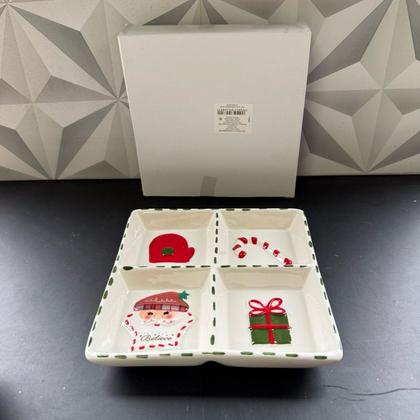 Imagem de Petisqueira de Natal de cerâmica com 4 divisórias para petiscos de cozinha mesa posta decoração vidro porcelana petisco
