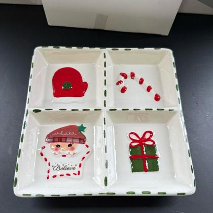 Imagem de Petisqueira de Natal de cerâmica com 4 divisórias para petiscos de cozinha mesa posta decoração vidro porcelana petisco