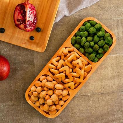 Imagem de Petisqueira Retangular De Bambu 3 Divisórias Resistente Premium 2 unidades