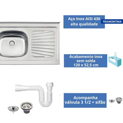 Imagem de Pia Cozinha De Apoio Em Aço Inox 120x52cm New Raggi Com Válvula E Sifão Tramontina