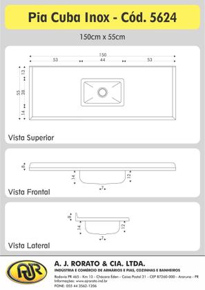 Imagem de Pia de Cozinha em Mármore Sintético com Cuba em Aço Inox 150cmx55cm AJ Rorato
