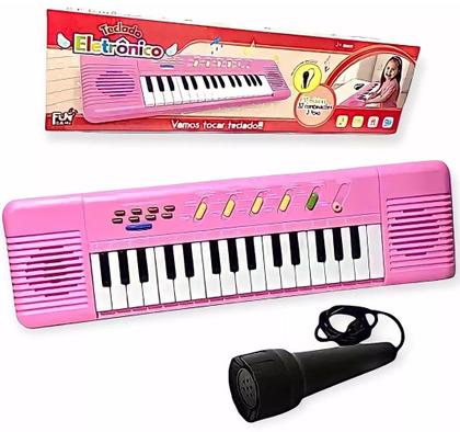 Imagem de Piano Brinquedo Musical Karaokê Teclado Infantil com Microfone - Rosa