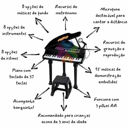 Imagem de Piano De Cauda Infantil Preto Com Microfone E Banquinho Original  Win Fun  Crianças +3 Anos