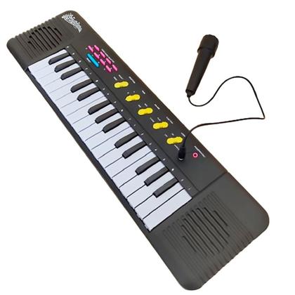 Imagem de Piano Tecladinho Infantil Preto 32 Teclas Resistente c/Microfone Karaokê Educativo Brinquedo Teclado