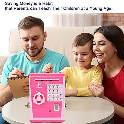 Imagem de Piggy Bank Cash Coin Dinheiro Jar Kids Safe Box com senha de impressão digital Caixa eletrônico de brinquedo caixa eletrônico caixa eletrônico caixa de poupança para adultos Crianças Legal Coisas Grande Presente (Rosa/Rosa)