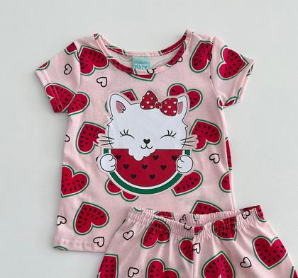Imagem de Pijama 1/16 Kyly Rosa Estampa Gatinho e Melancia Brilha no Escuro