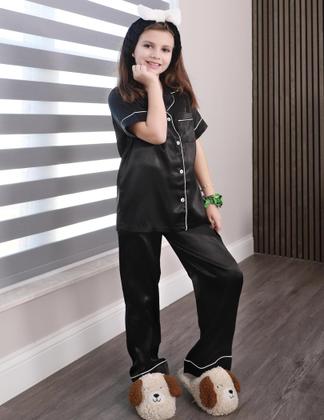 Imagem de Pijama Arshiner de cetim para meninas de manga curta de 4 a 5 anos, preto