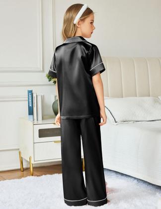 Imagem de Pijama Arshiner de cetim para meninas de manga curta de 4 a 5 anos, preto